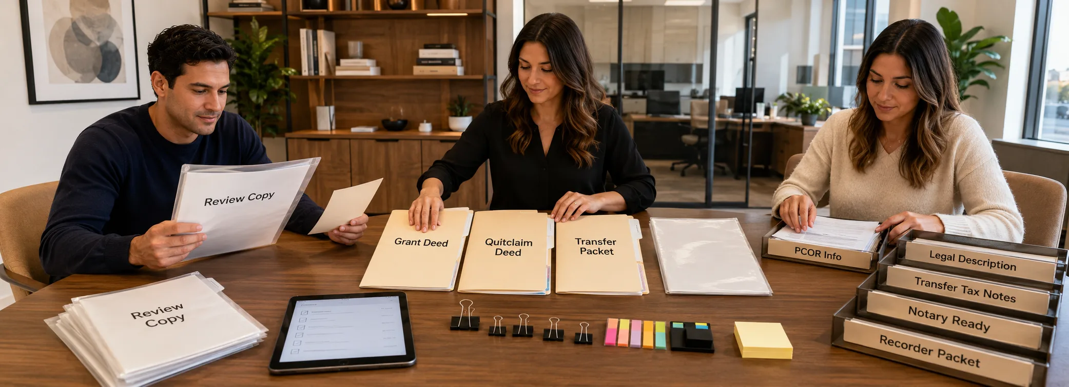 Deed document preparation, grant deed and quitclaim deed packets, recorder forms, and paralegal document support from Discount Court Documents
