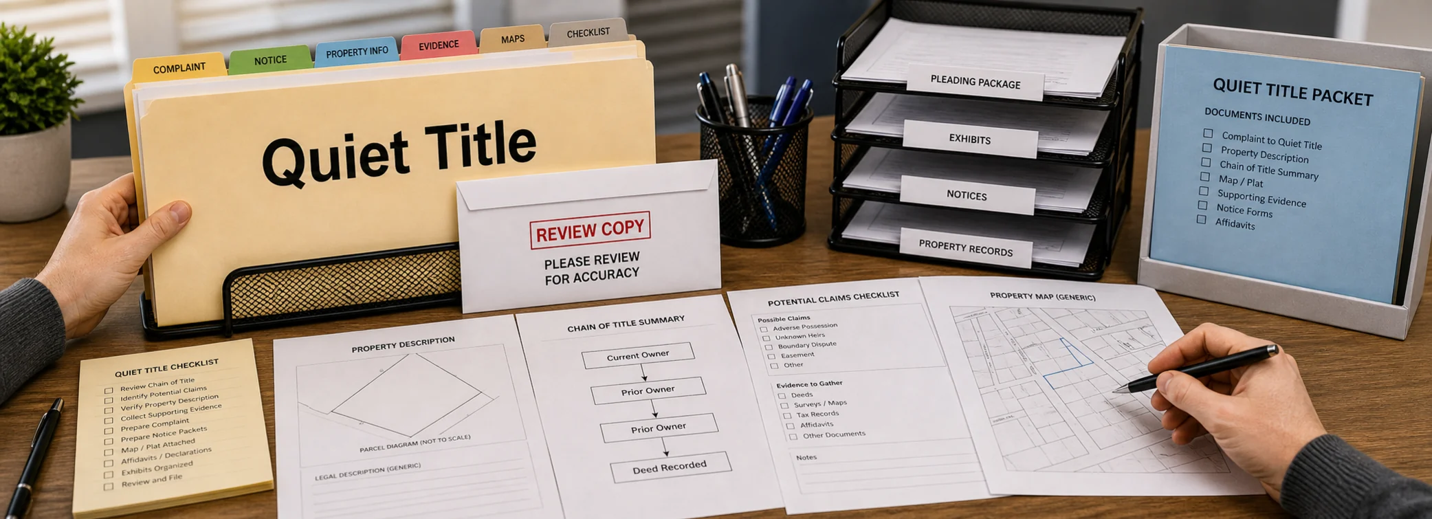 Quiet title legal document preparation, court forms, filing packets, and paralegal document support from Discount Court Documents